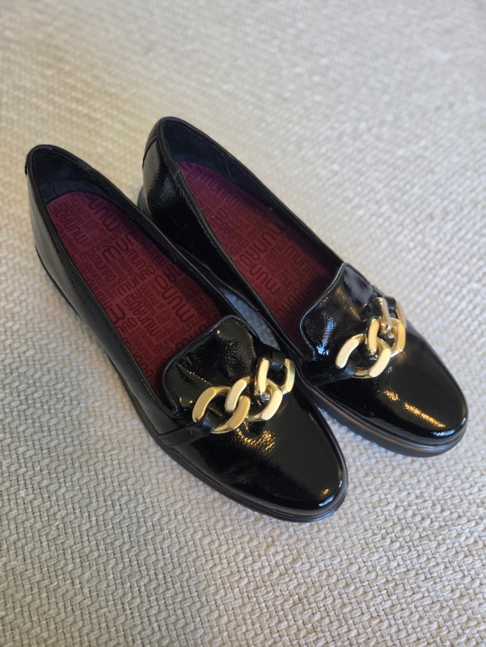 Munro Black Patent Leather Loafers with Gold Chain Accent